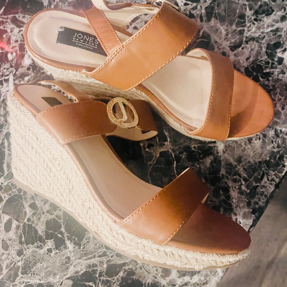 Jones New York Cognac Leather Espadrille Wedge Sandals